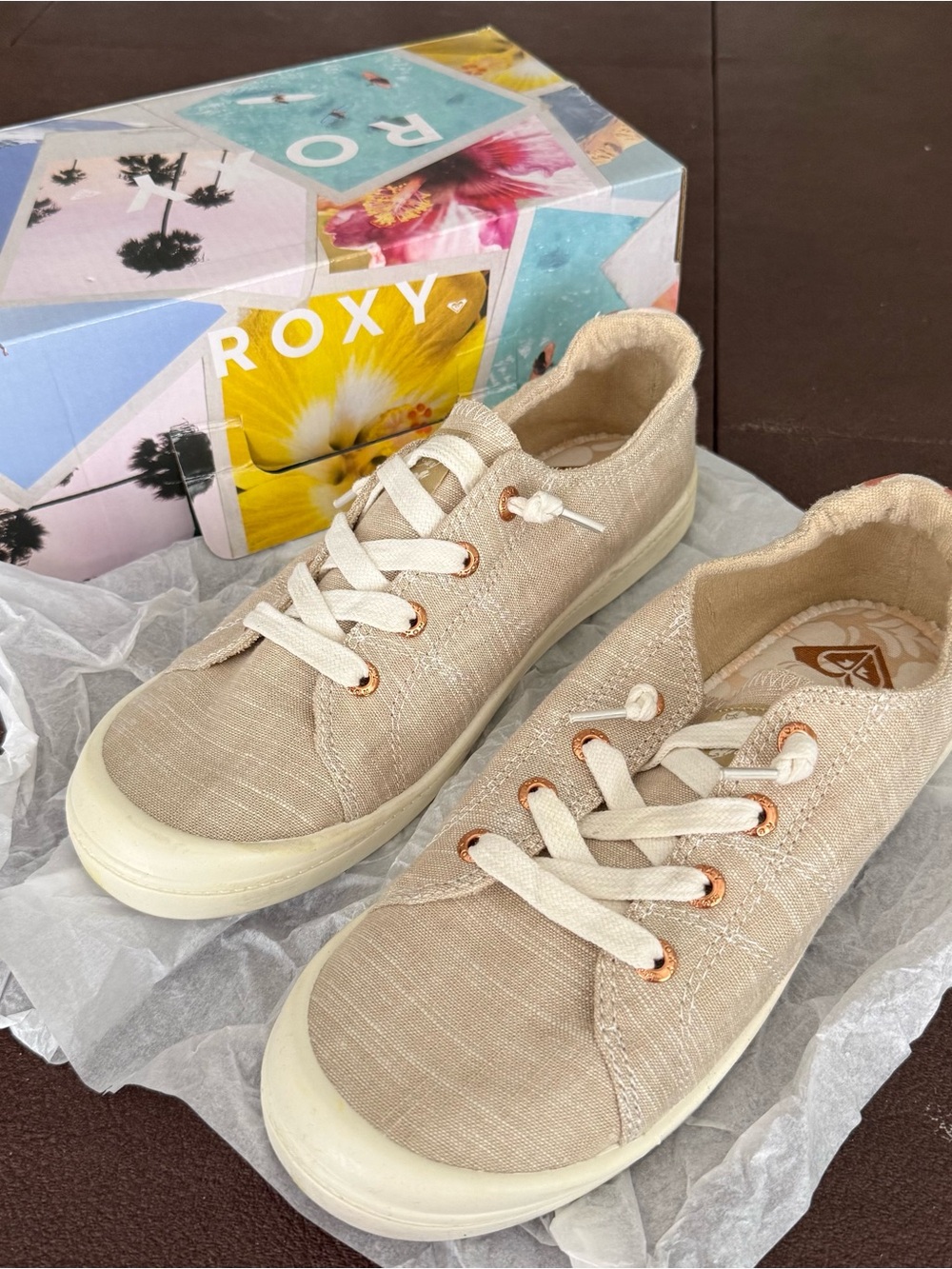Roxy Neutral Linen Lace-Up Sneakers with Rose Gold Eyelets